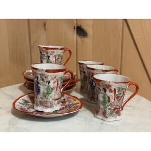 Vintage Japanese Geisha Girl Town Scene Egg Shell Porcelain Tea Cup Set for 5